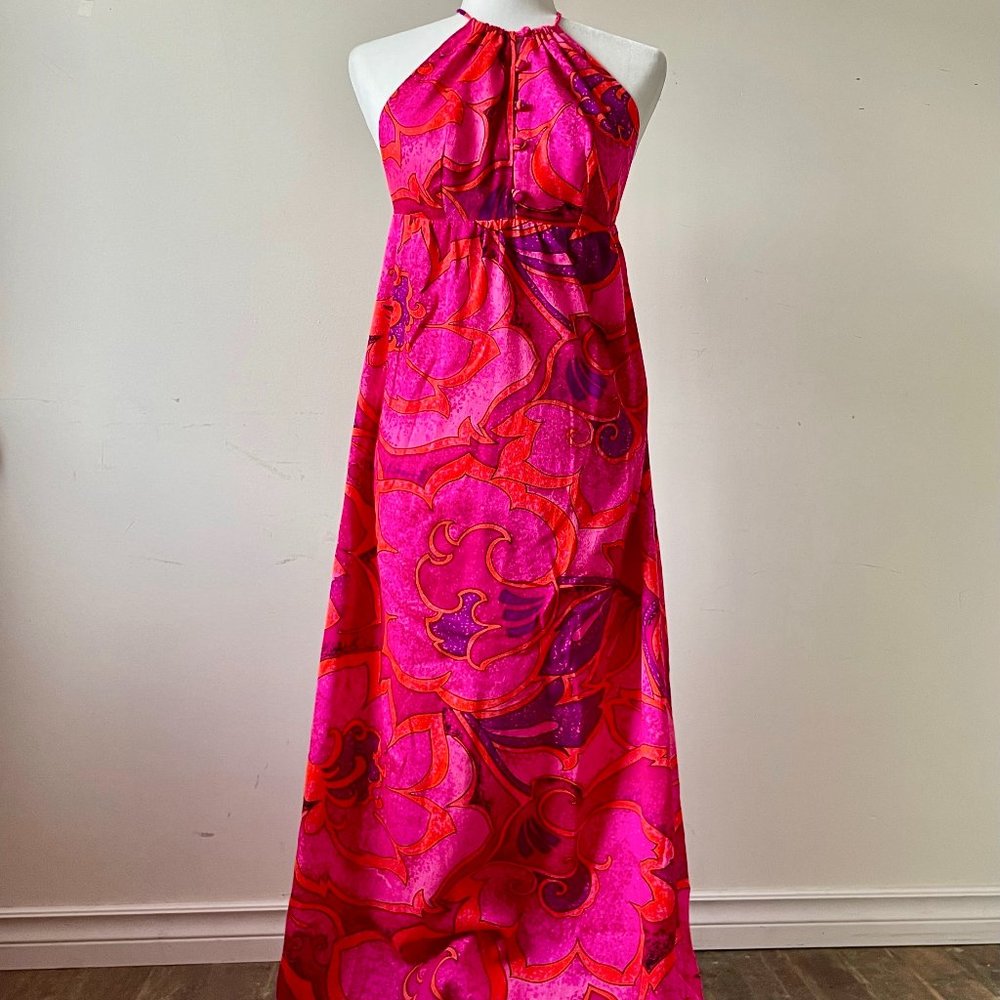 Vintage Hand Made Long Pink and Purple Maxi Tie Up Retro Sun Dress